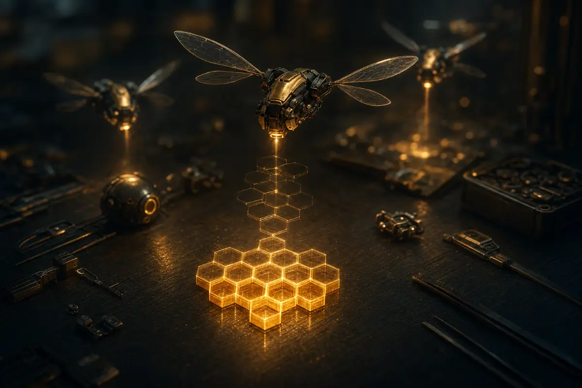 Ilustración generada con IA: una abeja mecánica levanta una estructura de celdas hexagonales, las de abajo ya encendidas y las de arriba todavía en alambre
